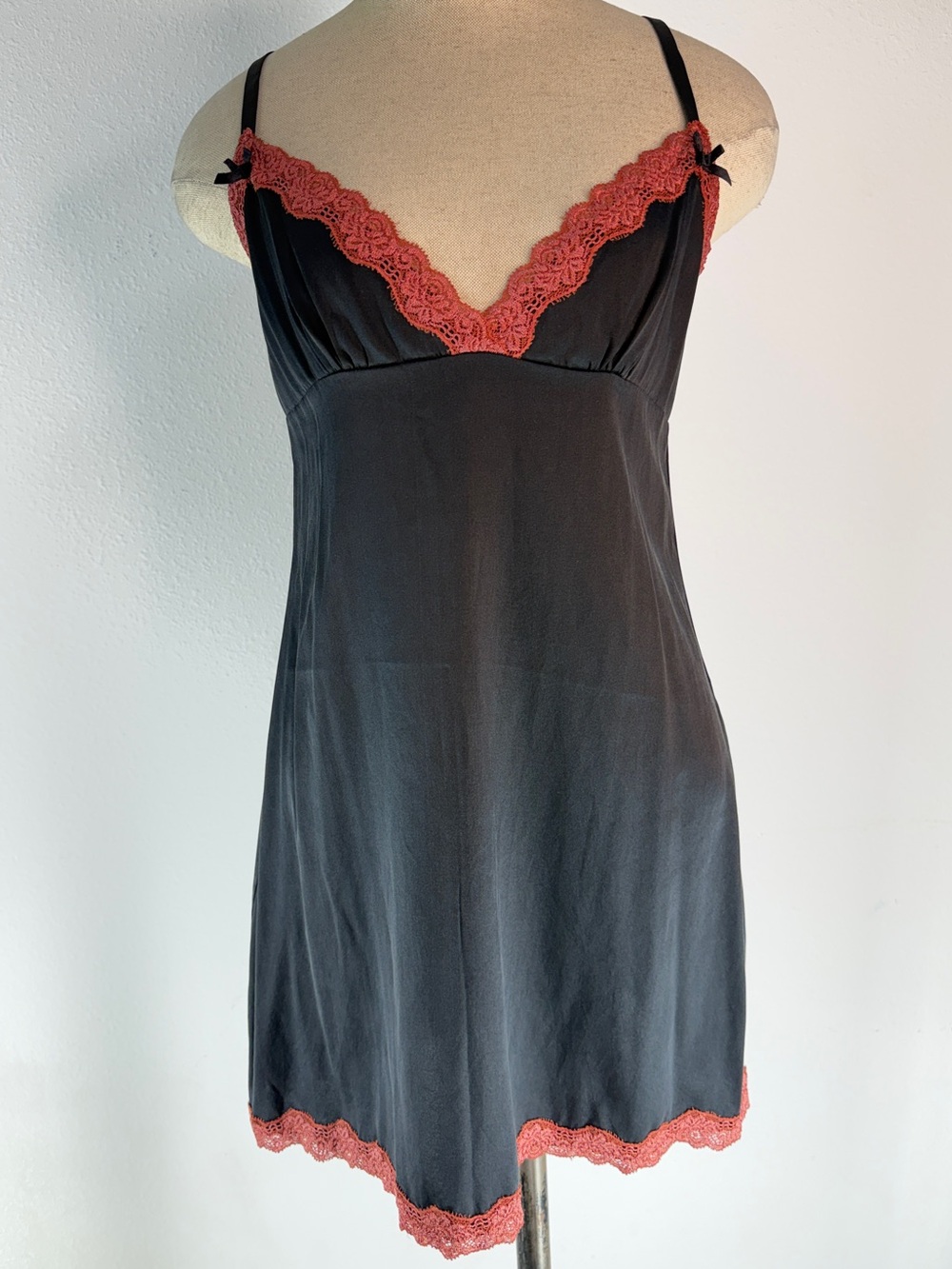 Vintage 90s Treesha Silk Babydoll Slip Dress Black Pink Lace Feminine Dainty Y2K